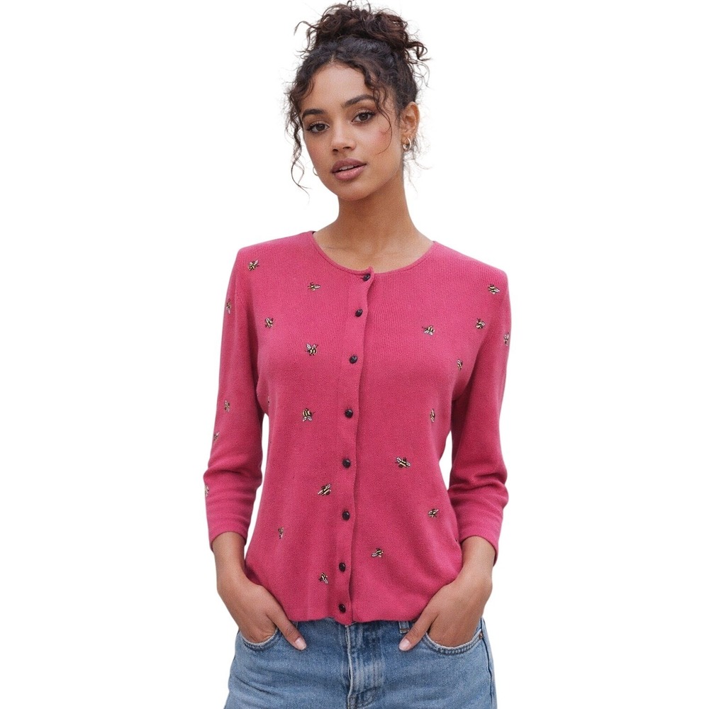 Northern Isles Women Sweater Pink Embroidered Bee‎ Ribbed Cardigan Small